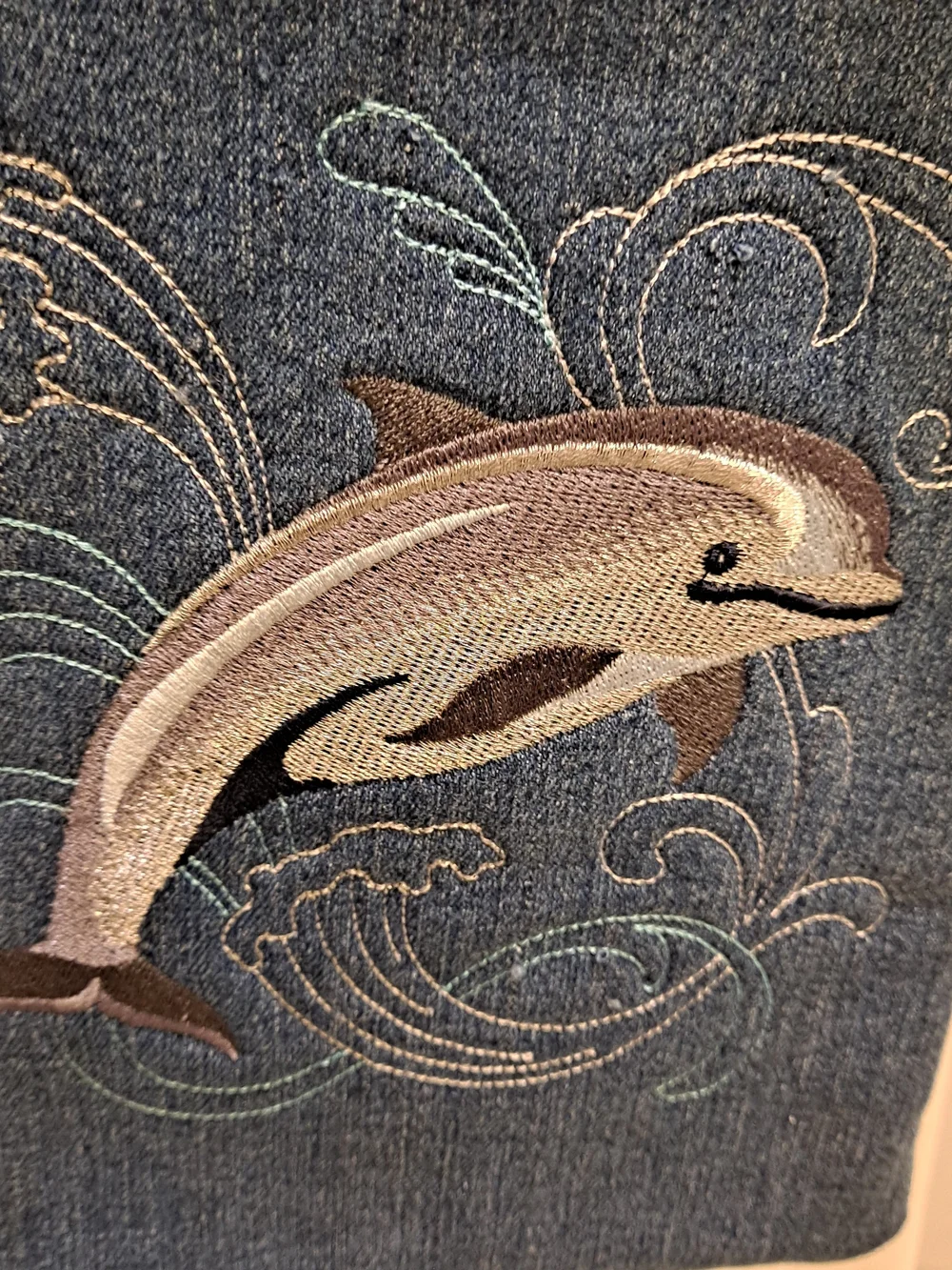 Artisan Handmade Upcycled Denim Dolphin Embroidered Crossbody Bag - Blue